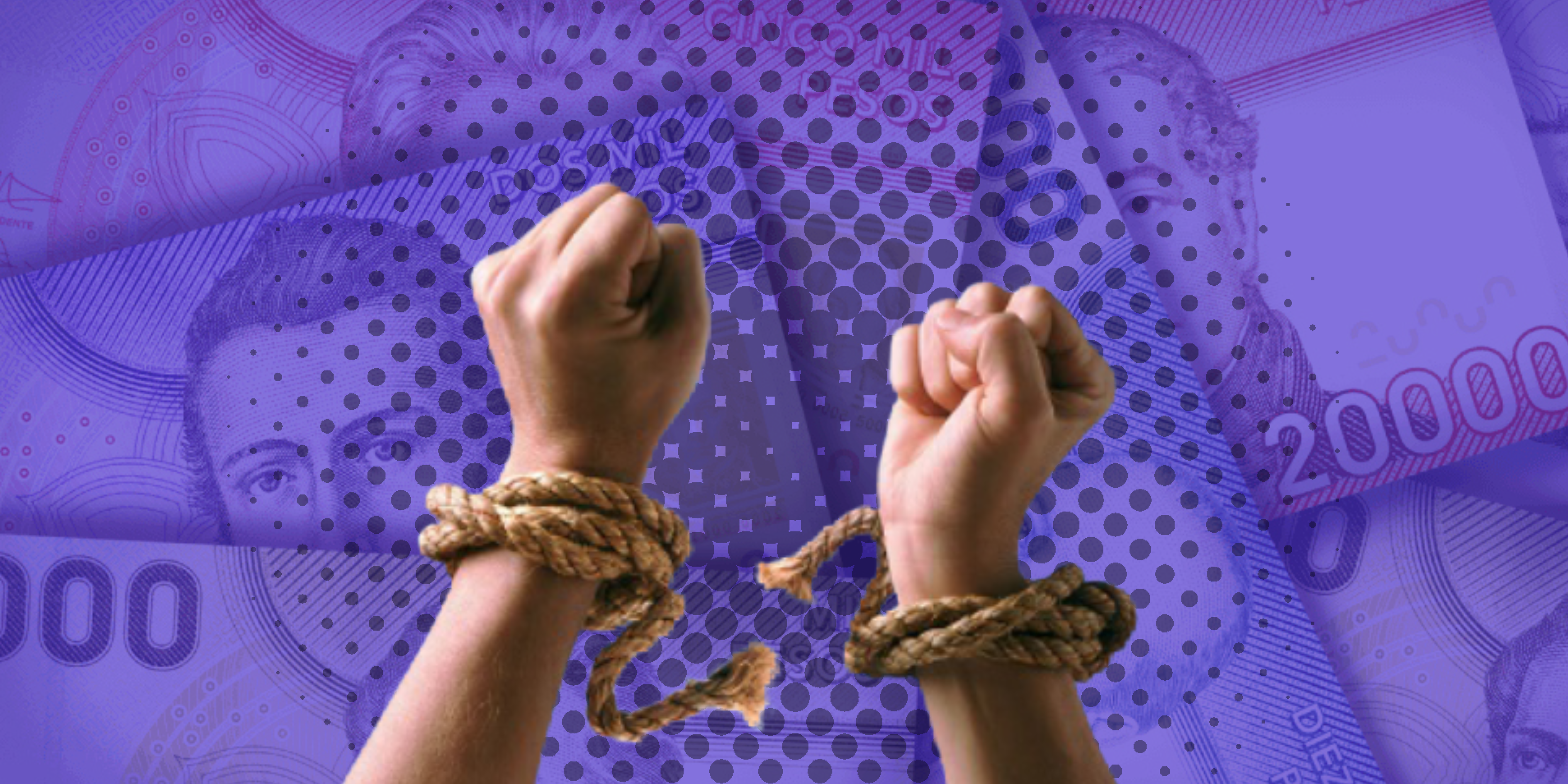 Imagen de dos manos rompiendo una cuerda que rodea sus muñecas como símbolo de libertad. De fondo billetes chilenos.