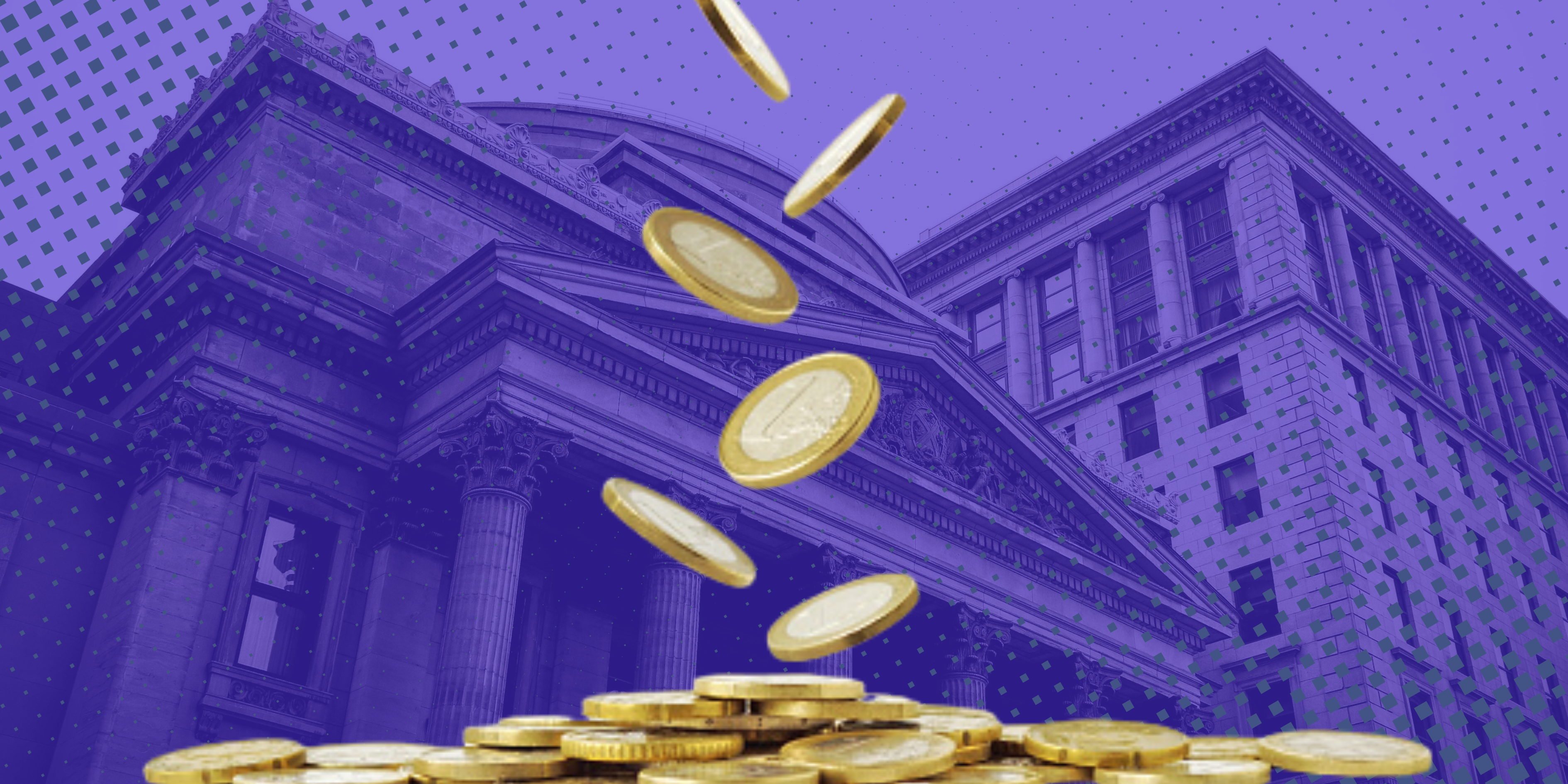 imagen de monedas cayendo. en el fondo un banco