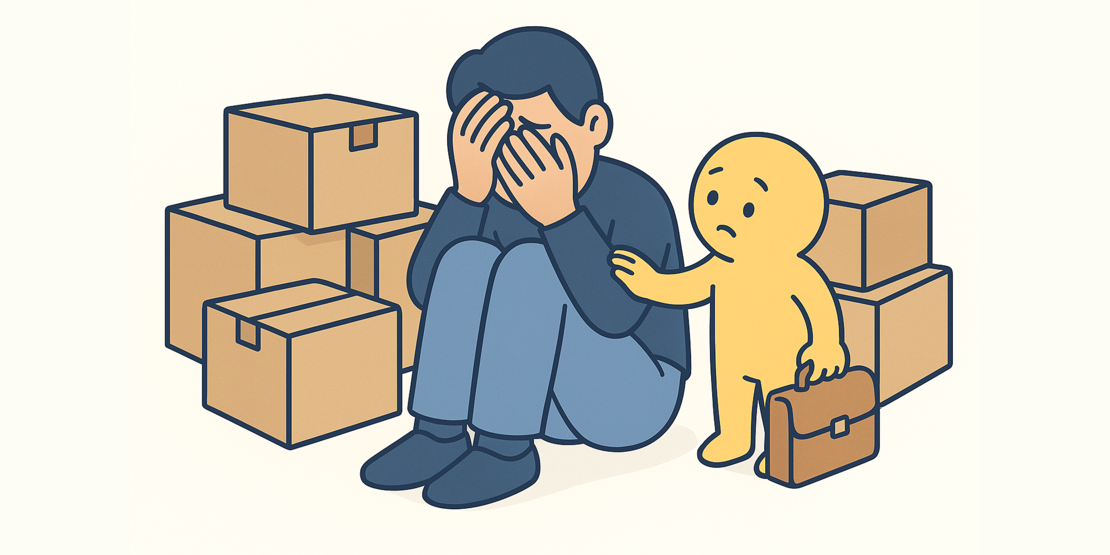 un hombre con gesto de preocupación sentado en el piso rodeado de cajas.