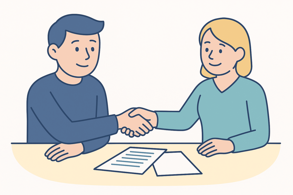 un hombre y una mujer de la mano cerrando un trato sentados en una mesa con documentos encima