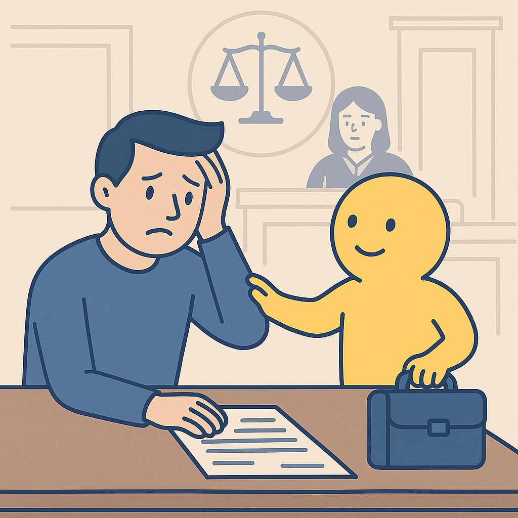 hombre con expresión de preocupación. otro personaje a su lado tranquilizándo al primer hombre. El contexto es un juicio.