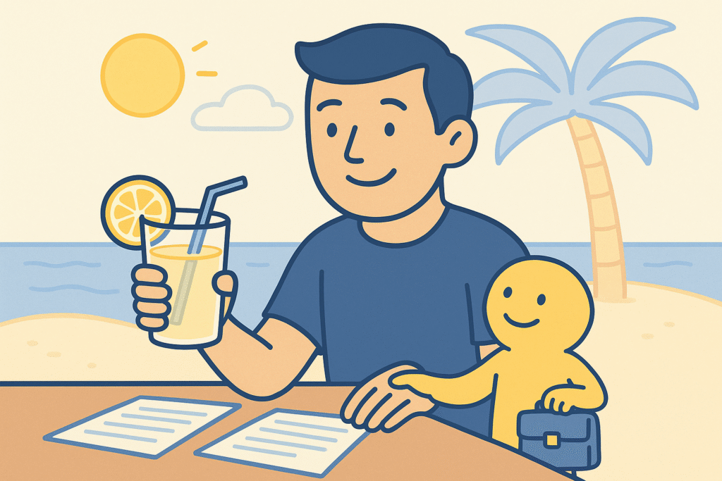 hombre con expresión tranquila y una limonada en la mano. otro personaje acompañándolo con un maletín en la mano. El contexto es la playa