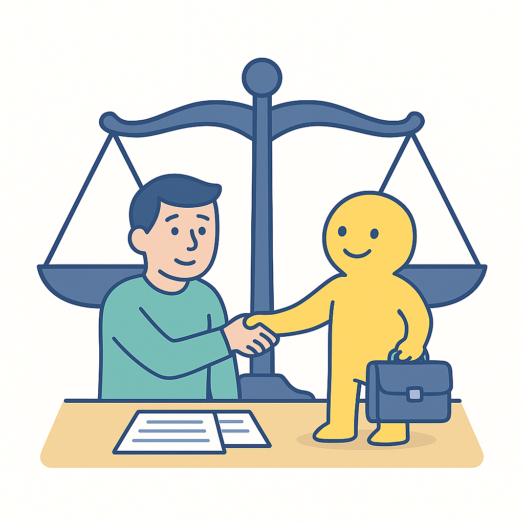 un hombre dándose la mano con otro personaje pequeño y amarillo. en el fondo una balanza de justicia