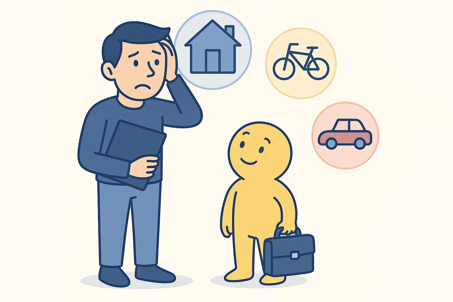 hombre con cara de preocupación con una mano en la cabeza y la otra sosteniendo una carpeta. A su lado un personaje amarillo pequeño que representa la ayuda de Lexy