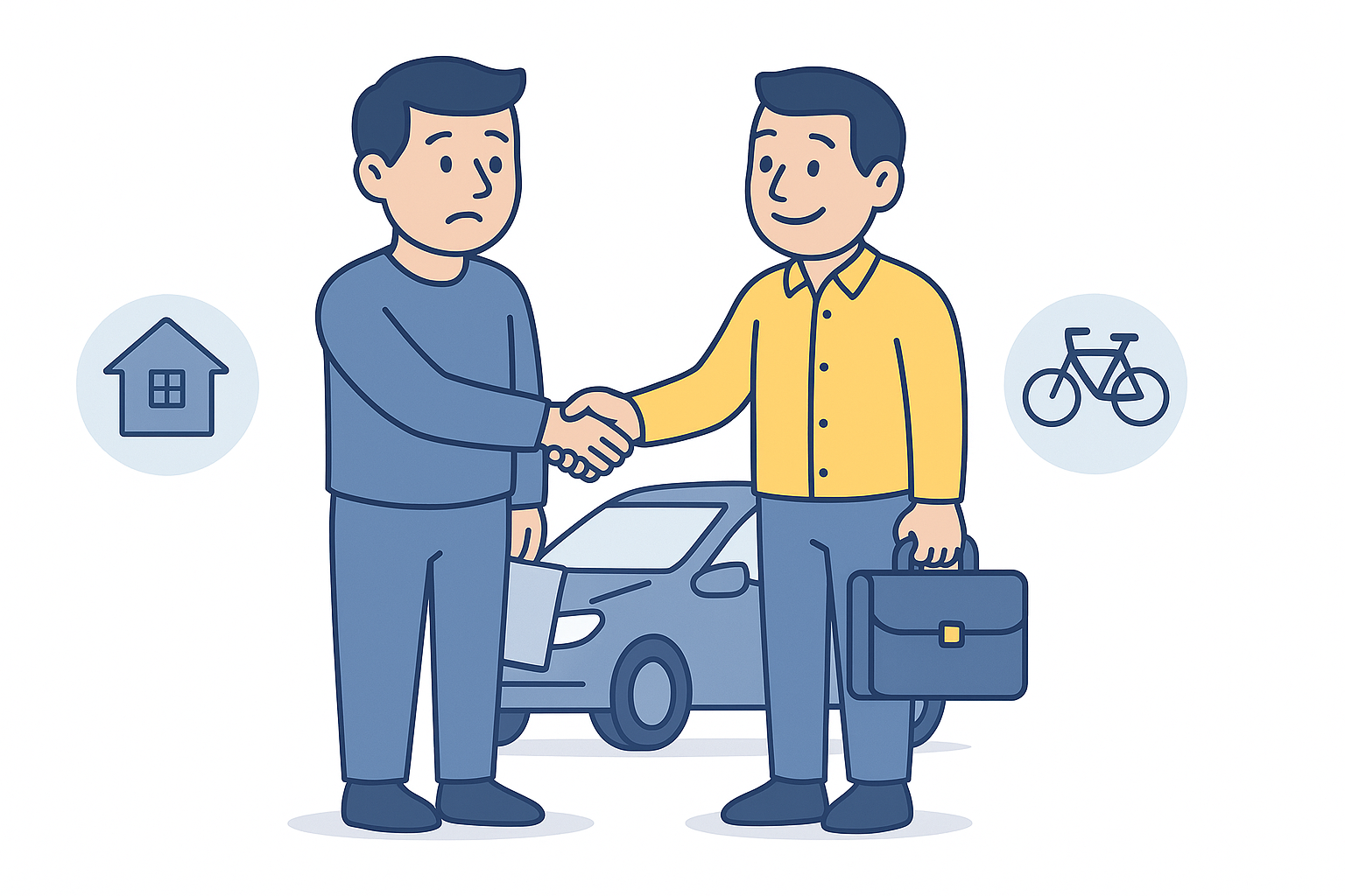 dos hombres tomados de la mano (cerrando un trato) y de fondo un auto