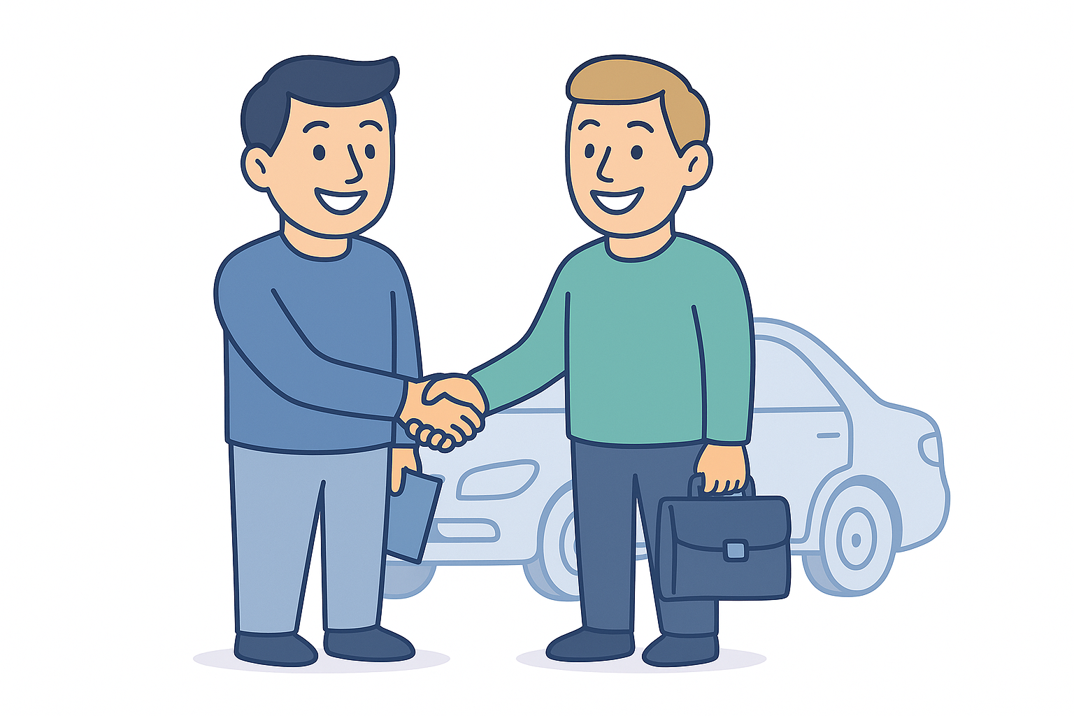 dos hombres tomados de la mano (cerrando un trato) y de fondo un auto