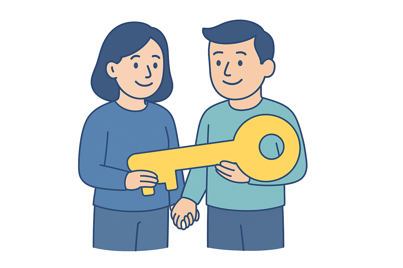 una mujer y un hombre de la mano sosteniendo una llave amarilla gigante