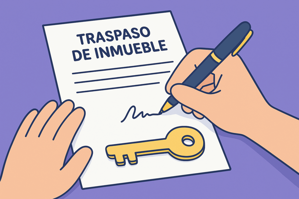 persona firmando un documento que dice "traspaso de inmueble"