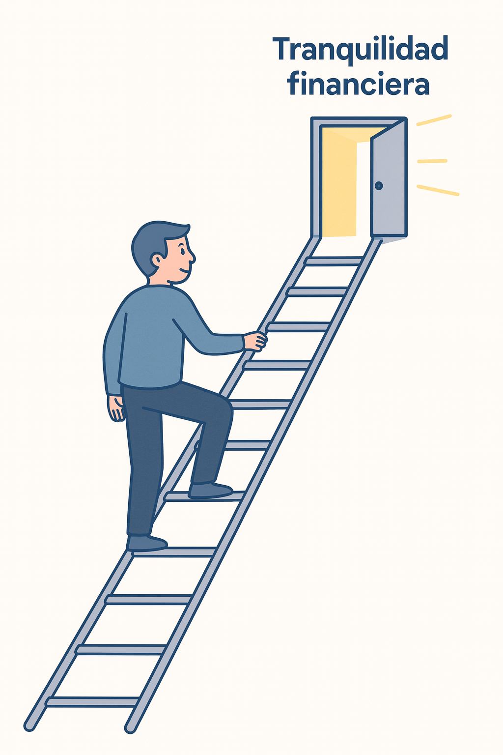 hombre subiendo una escalera que al final tiene una puerta que dice "tranquilidad financiera".