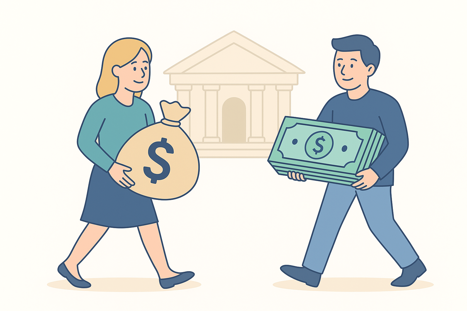 imagen de una mujer sosteniendo una bolsa de dinero con el signo peso y a su lado un hombre sosteniendo billetes gigantes. De fondo un banco