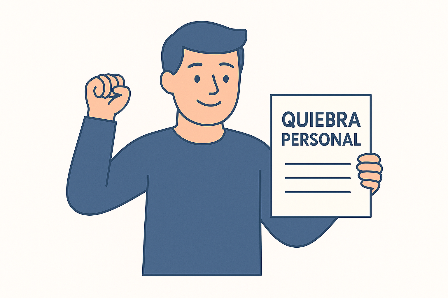 hombre levantando un documento que dice "quiebra personal" y con la mano derecha levantada como gesto de celebración
