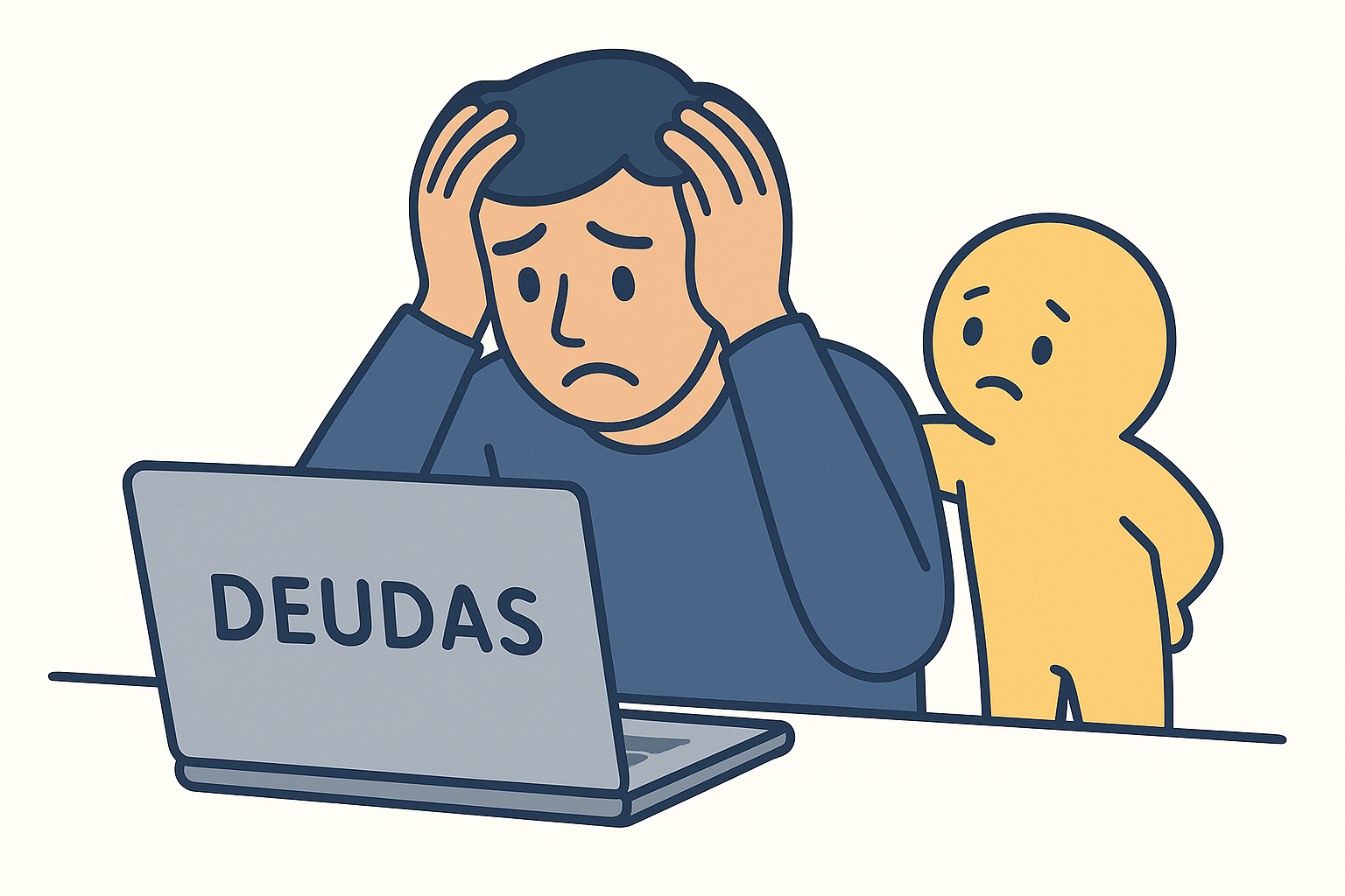 imagen de un hombre con cara de preocupación frente a su computador que dice "deudas"