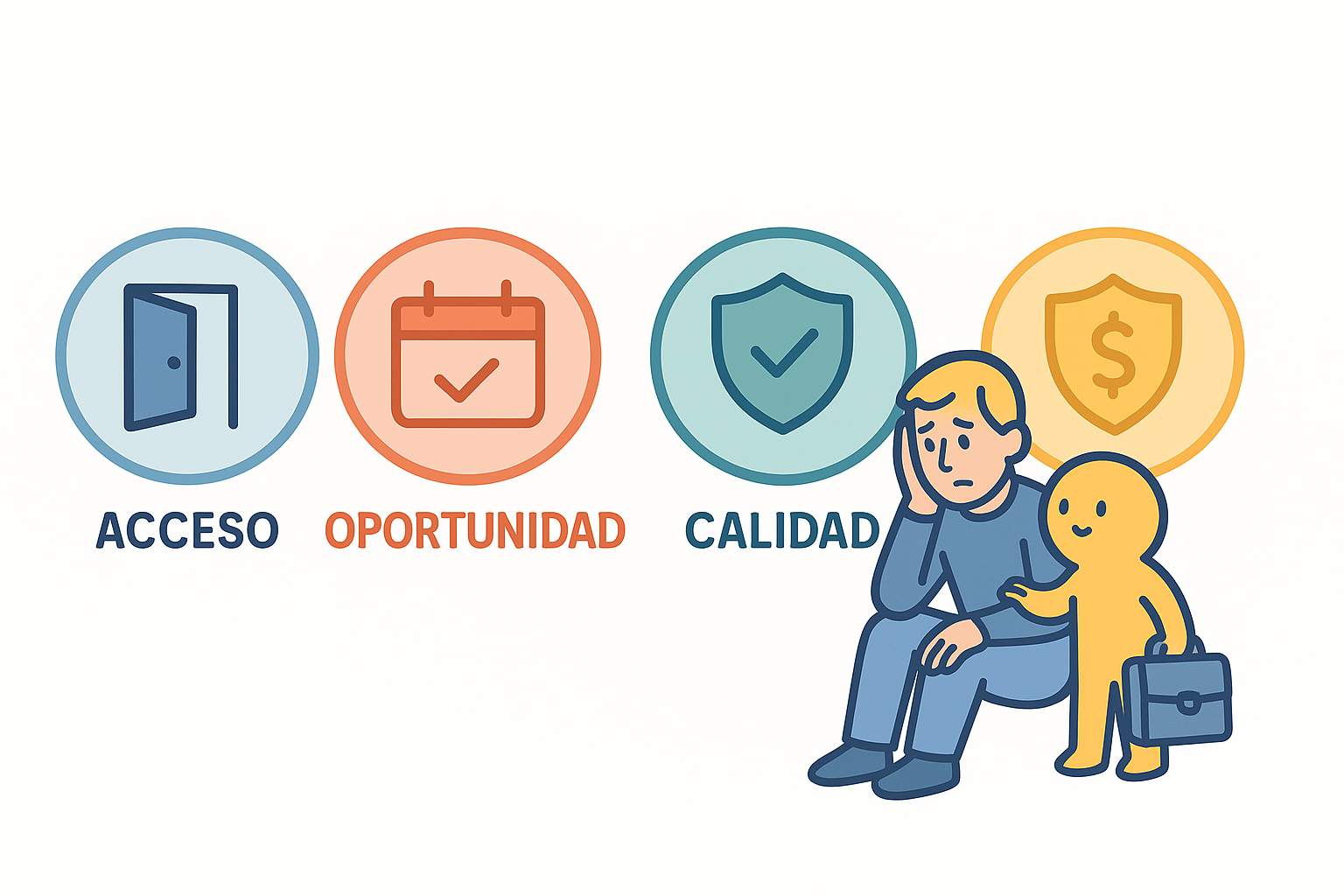 infografía con los cuatro pilares del GES acceso, oportunidad, calidad y protección financiera en formato de círculos o cuadros, con un ícono representativo para cada uno