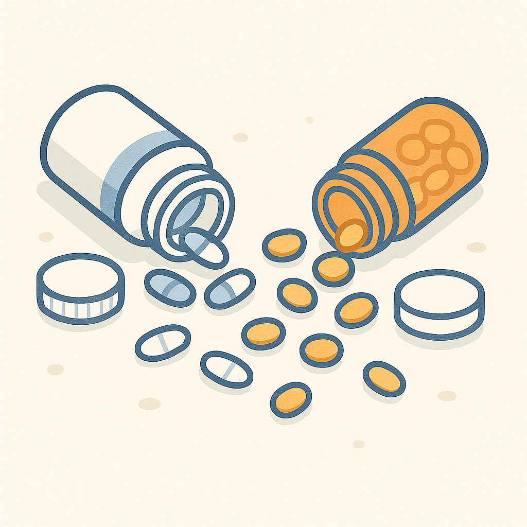 frascos de medicamentos dados vuelta derramando pastillas.