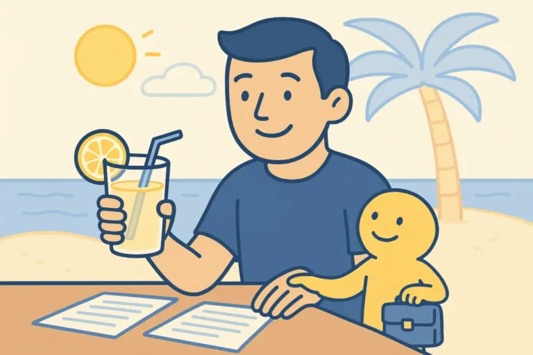 Un hombre sonriente en la playa junto a sus documentos y un asesor, simbolizando la tranquilidad emocional y el alivio tras resolver sus deudas.