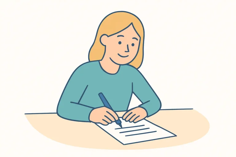 Una mujer escribe con calma sobre un documento en su escritorio, representando la aclaración de mitos sobre la liquidación de deudas para tomar decisiones financieras informadas.