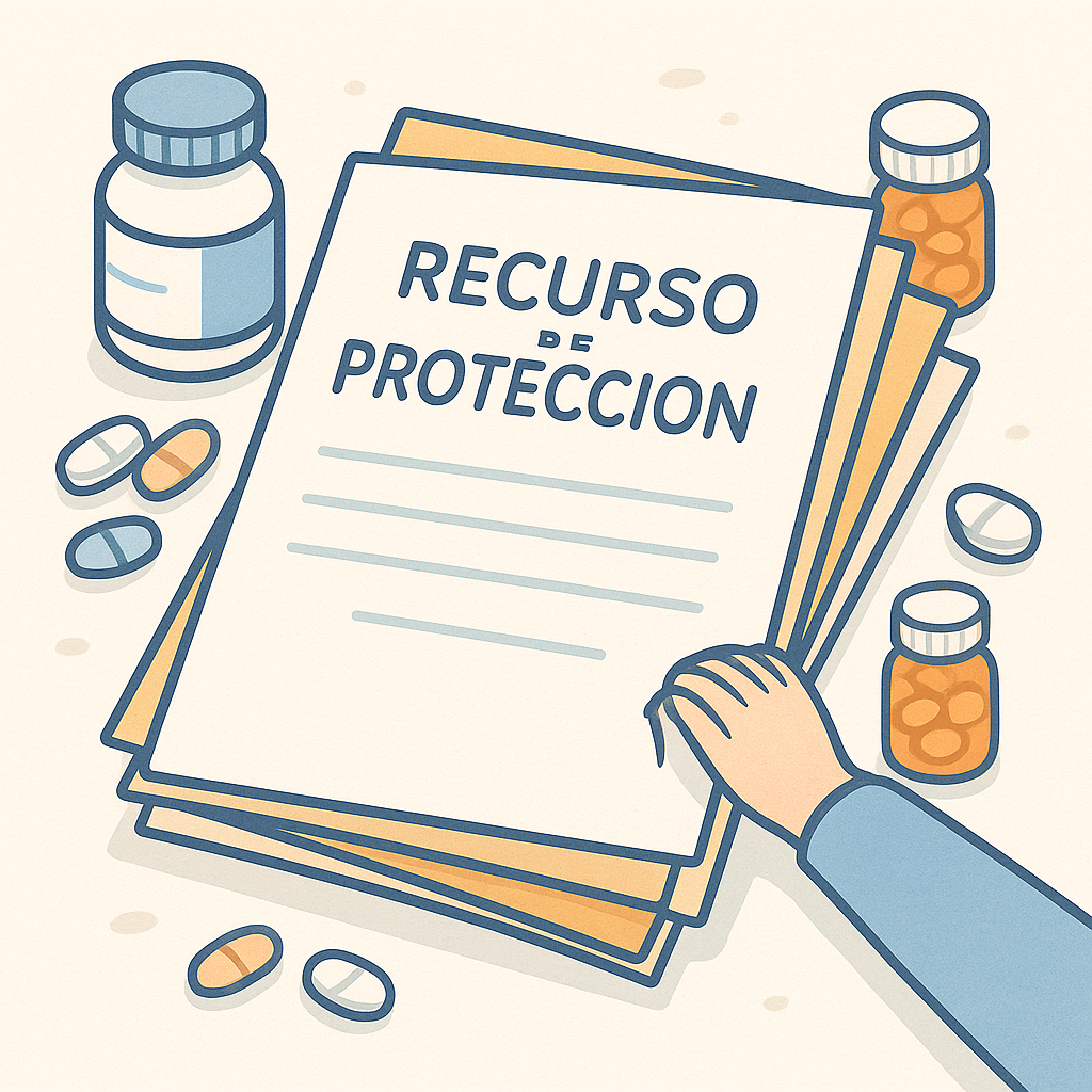 documento que dice "recurso de protección", pastillas y frascos de pastillas a su alrededor