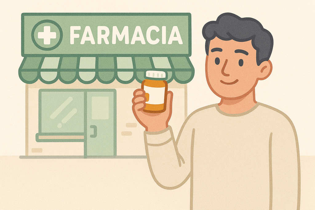 hombre frente a una farmacia