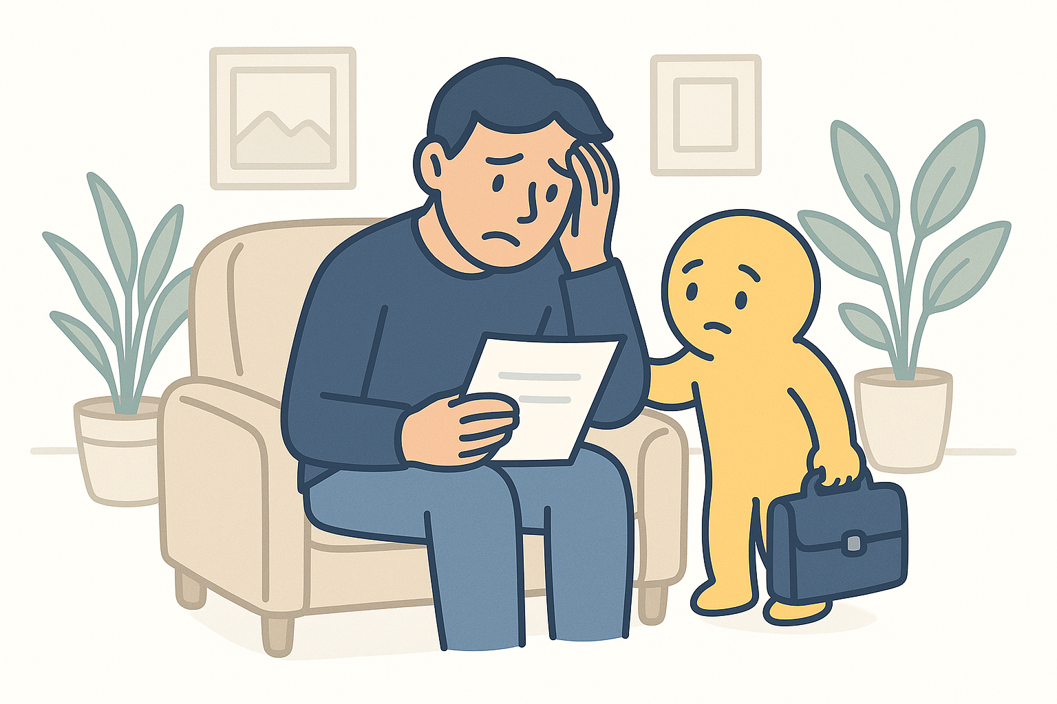 hombre sentado en un sillón mirando un documento con cara de preocupación