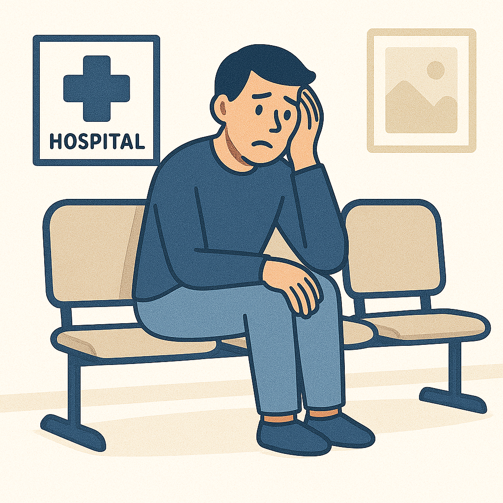 persona sentada en sala de espera de hospital con cara de preocupación