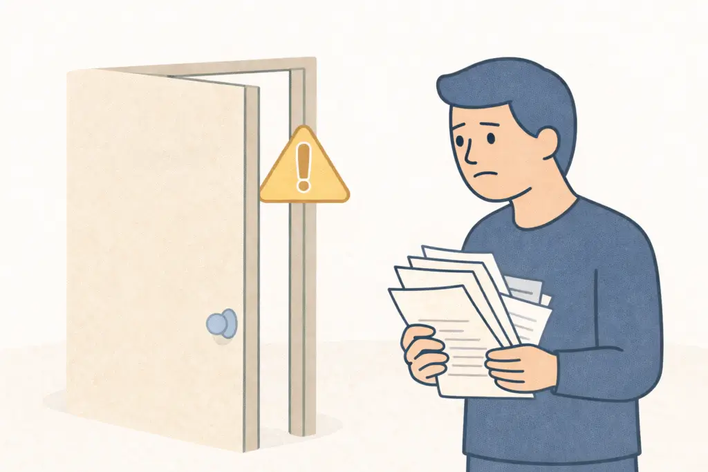 Una persona preocupada revisando documentos frente a una puerta cerrada con un símbolo de advertencia, representando el estricto control de admisibilidad en trámites legales.