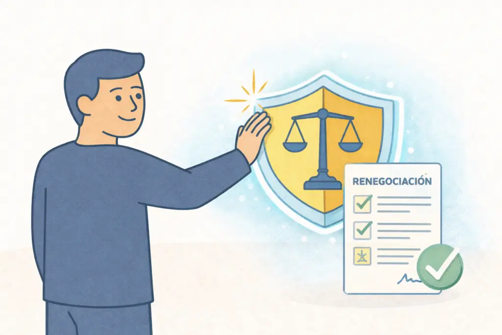 Una persona apoyando la mano en un escudo de justicia junto a una solicitud de renegociación aprobada, representando el acompañamiento jurídico profesional.