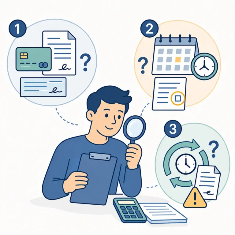Ilustración de una persona calculando la prescripción de su deuda a través de tres pasos: tipo de documento, fecha de cese de pago e interrupciones del plazo.