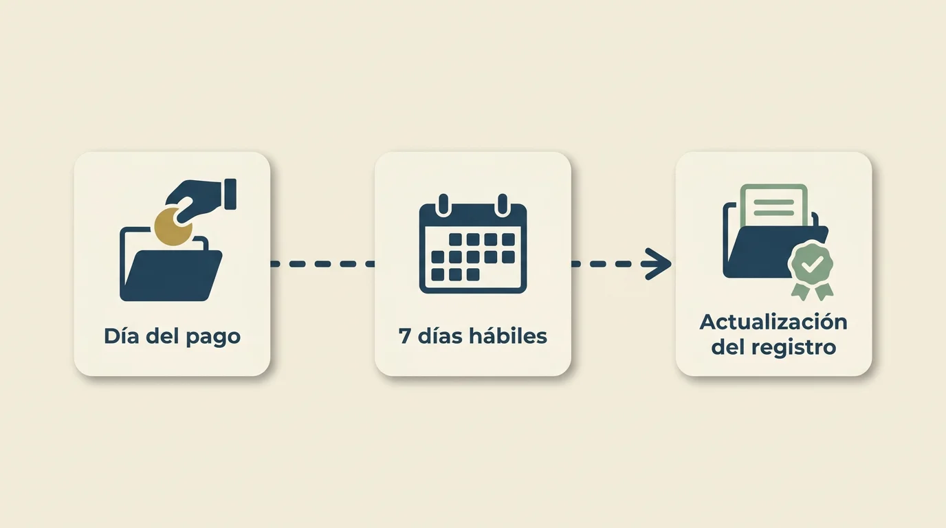 Ilustración vectorial de línea de tiempo con tres etapas: pago realizado, espera de 7 días hábiles y actualización del registro completada, con iconografía de moneda, calendario y documento con check