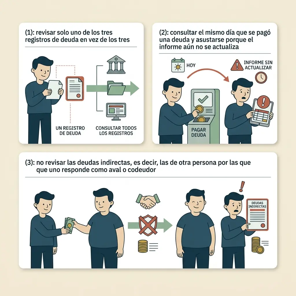 Ilustración vectorial de los tres errores clave al consultar deudas: revisión parcial, consulta prematura tras pago, y olvidar deudas indirectas.