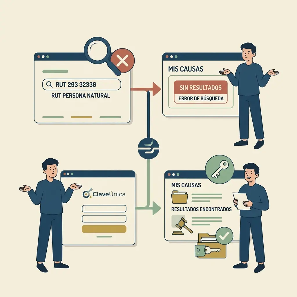 Diagrama que compara la búsqueda de causas judiciales por RUT con error y por nombre