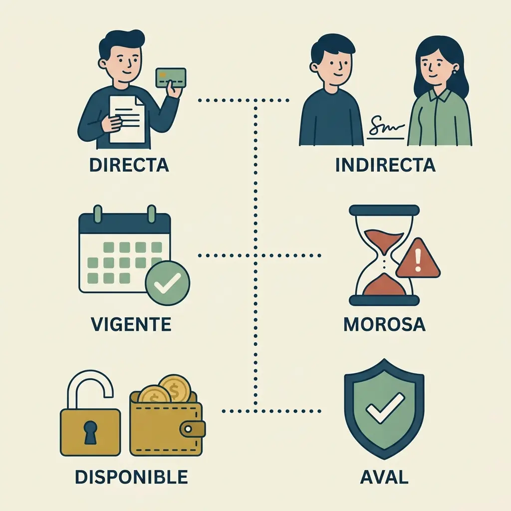 Ilustración gráfica de informe de deudas. Compara deuda directa/indirecta, estado vigente/moroso y capacidad disponible/aval. Íconos claros.
