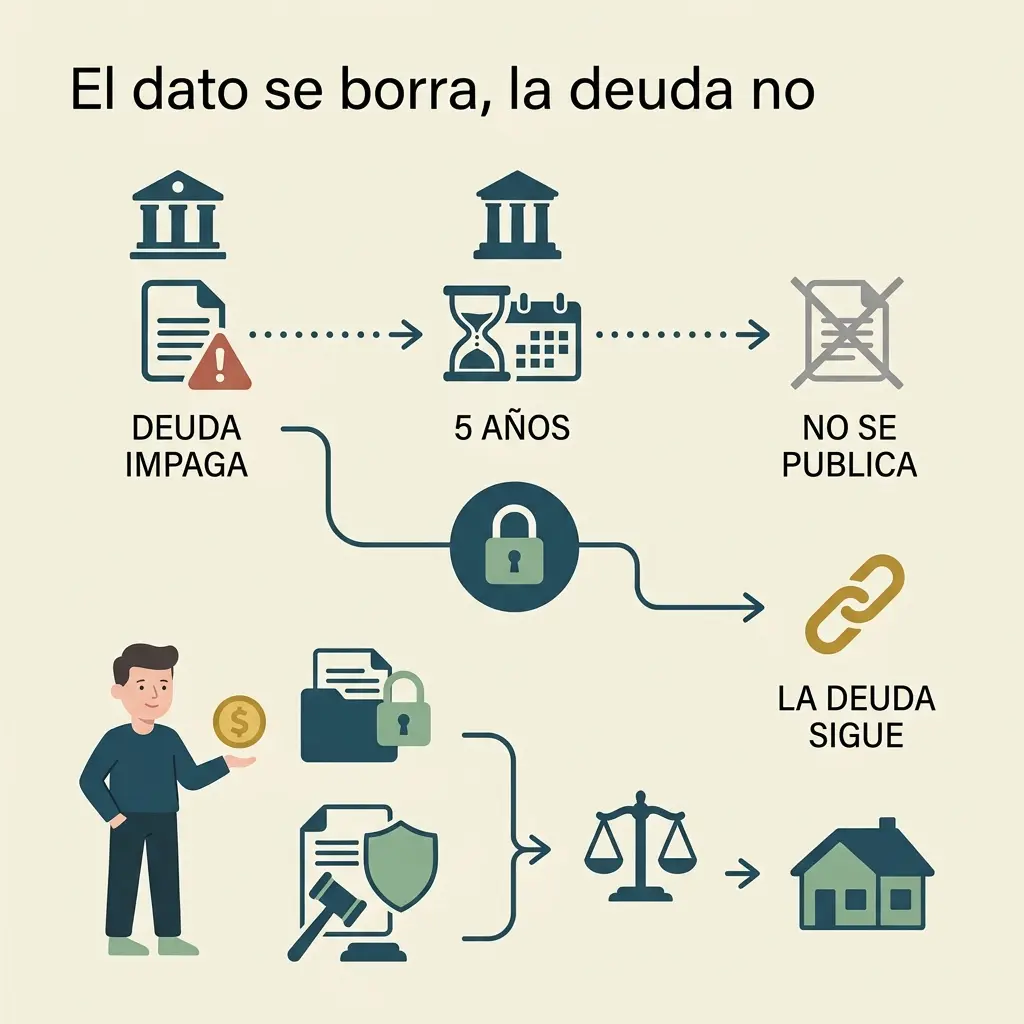 Diagrama: deuda impaga se borra en 5 años, obligación legal de pago persiste.