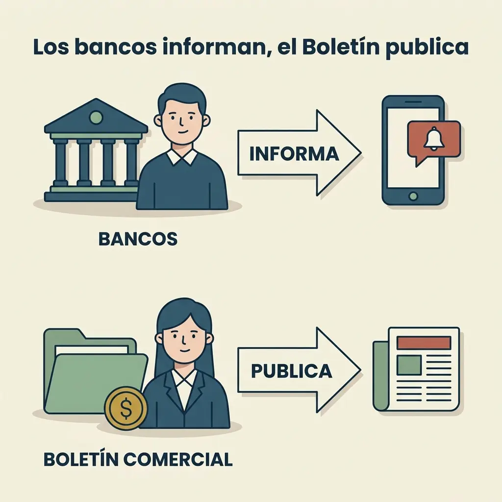 Proceso legal donde bancos informan (ejecutivo, móvil con alerta) y el Boletín Comercial publica (mujer, periódico).