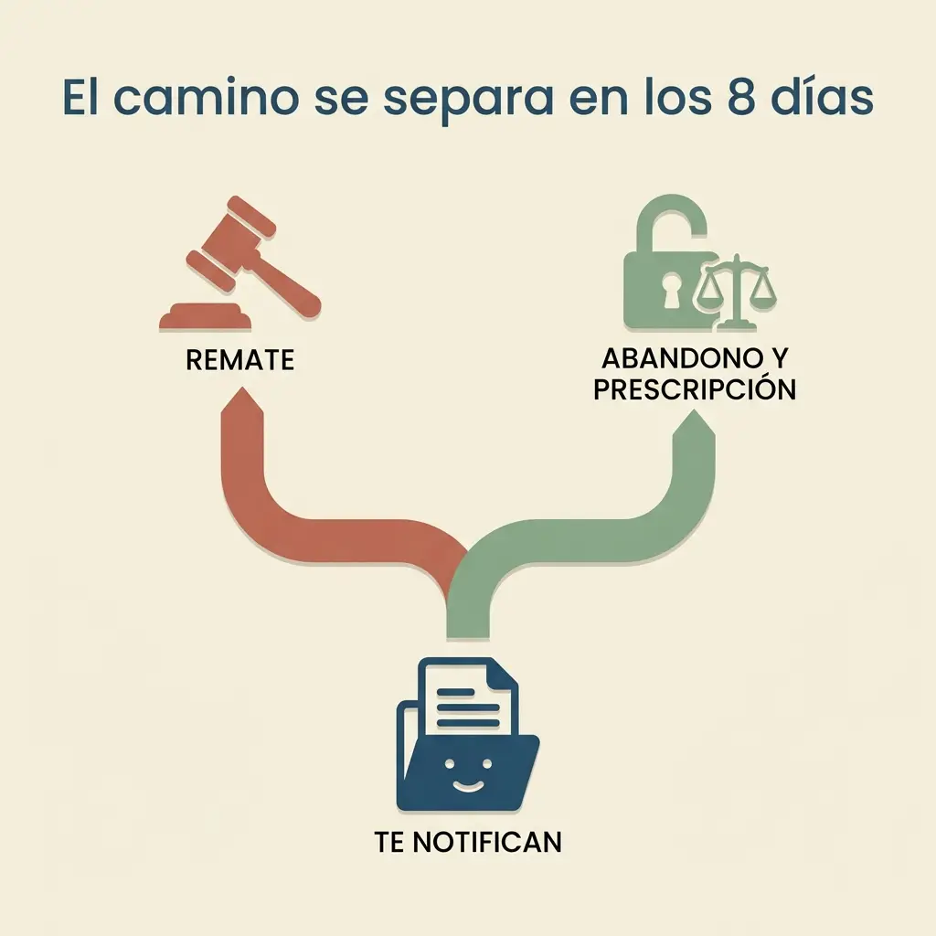 Ilustración plana de un diagrama de flujo legal con dos caminos. Un documento azul en la base indica "TE NOTIFICAN", el origen. Desde ahí, una rama terracota sube hacia un martillo y la palabra "REMATE", mientras otra rama verde asciende a un candado con balanza y "ABANDONO Y PRESCRIPCIÓN". Un encabezado superior advierte: "El camino se separa en los 8 días". Describe la bifurcación legal.