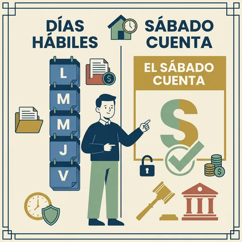 Ilustración comparativa de días hábiles y el sábado como día hábil en plazos legales.