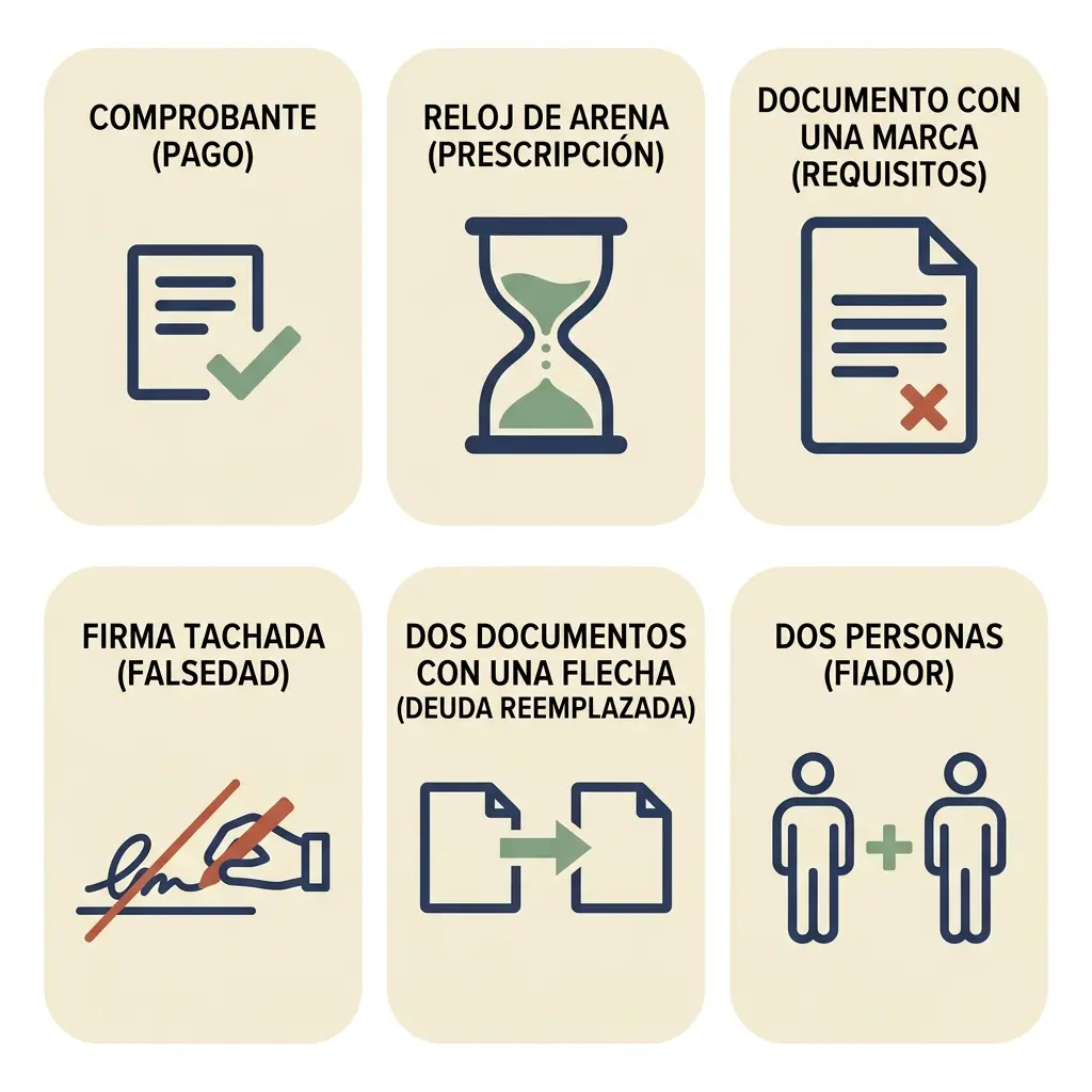 Seis tarjetas vectoriales planas con iconos legales de pago, prescripción, requisitos y deudas.