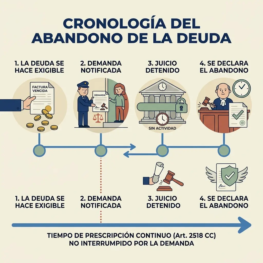 Ilustración de doble cronología: abandono de deuda y prescripción continua, no interrumpida por demanda notificada.