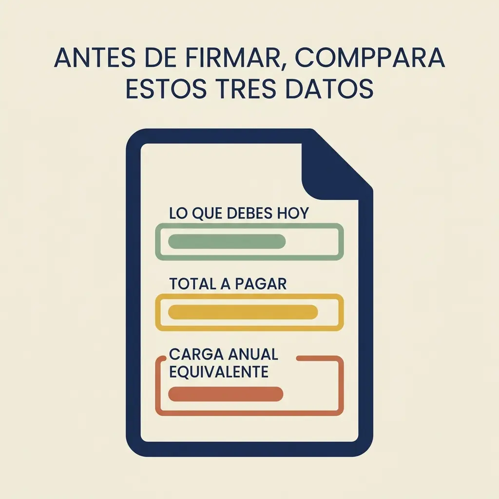 Ilustración vectorial de un documento con tres datos clave para comparar antes de firmar.