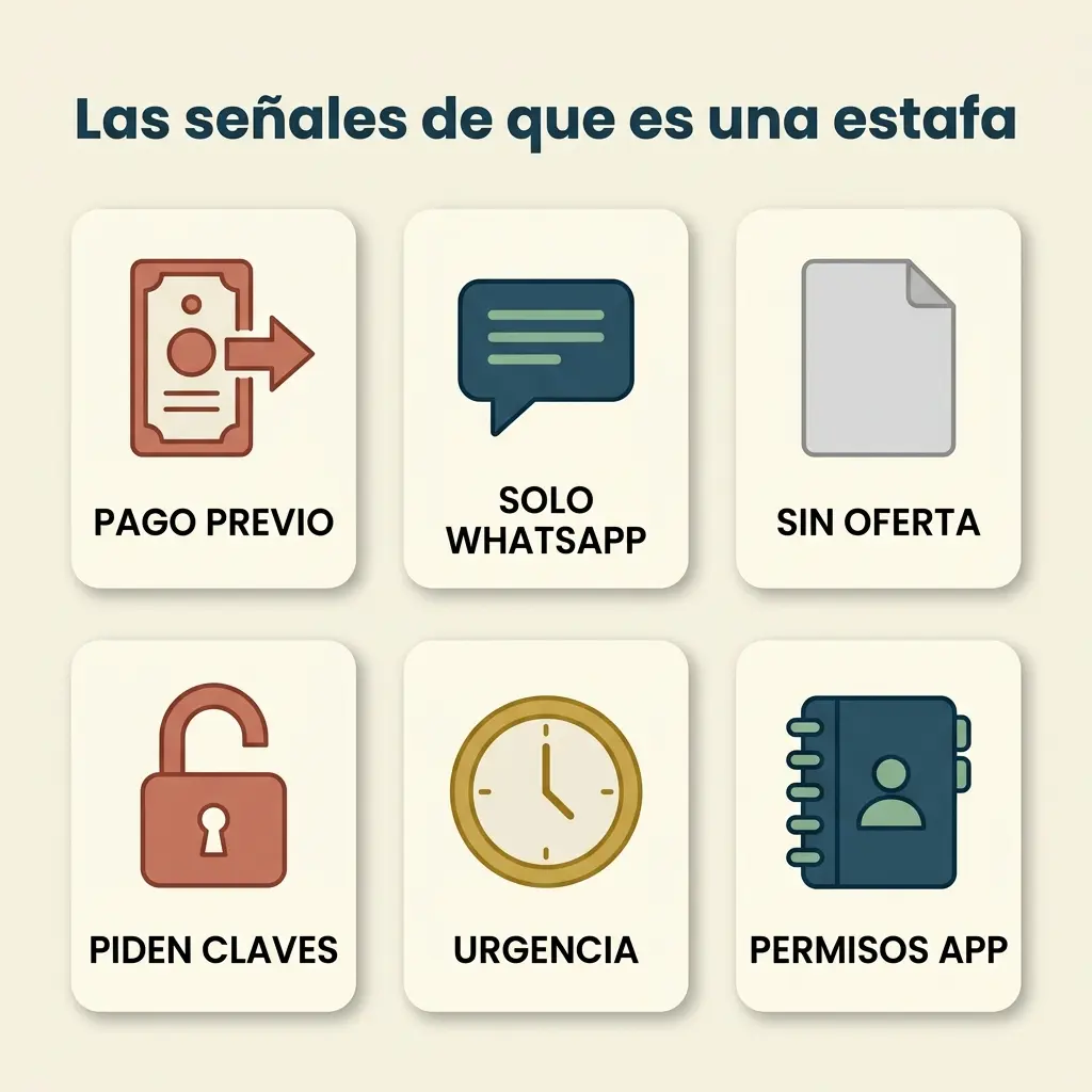 Ilustración con seis tarjetas mostrando señales de estafa: pago previo, solo WhatsApp, sin oferta, piden claves y urgencia.