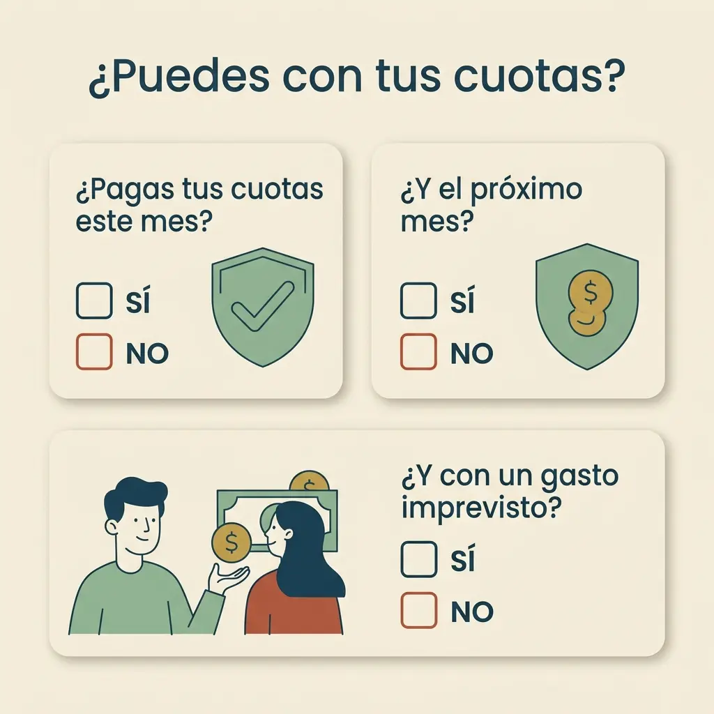 Autoevaluación de pagos: tres tarjetas preguntan por cuotas actuales, futuras e imprevistos, con SÍ/NO.