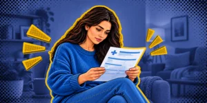 Mujer preocupada revisando un documento relacionado con salud